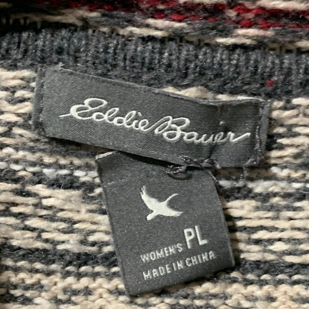 Eddie Bauer Women's Fair Isle Cowl Neck Sweater Petite Large Gray Red Cozy Boho - Picture 9 of 12